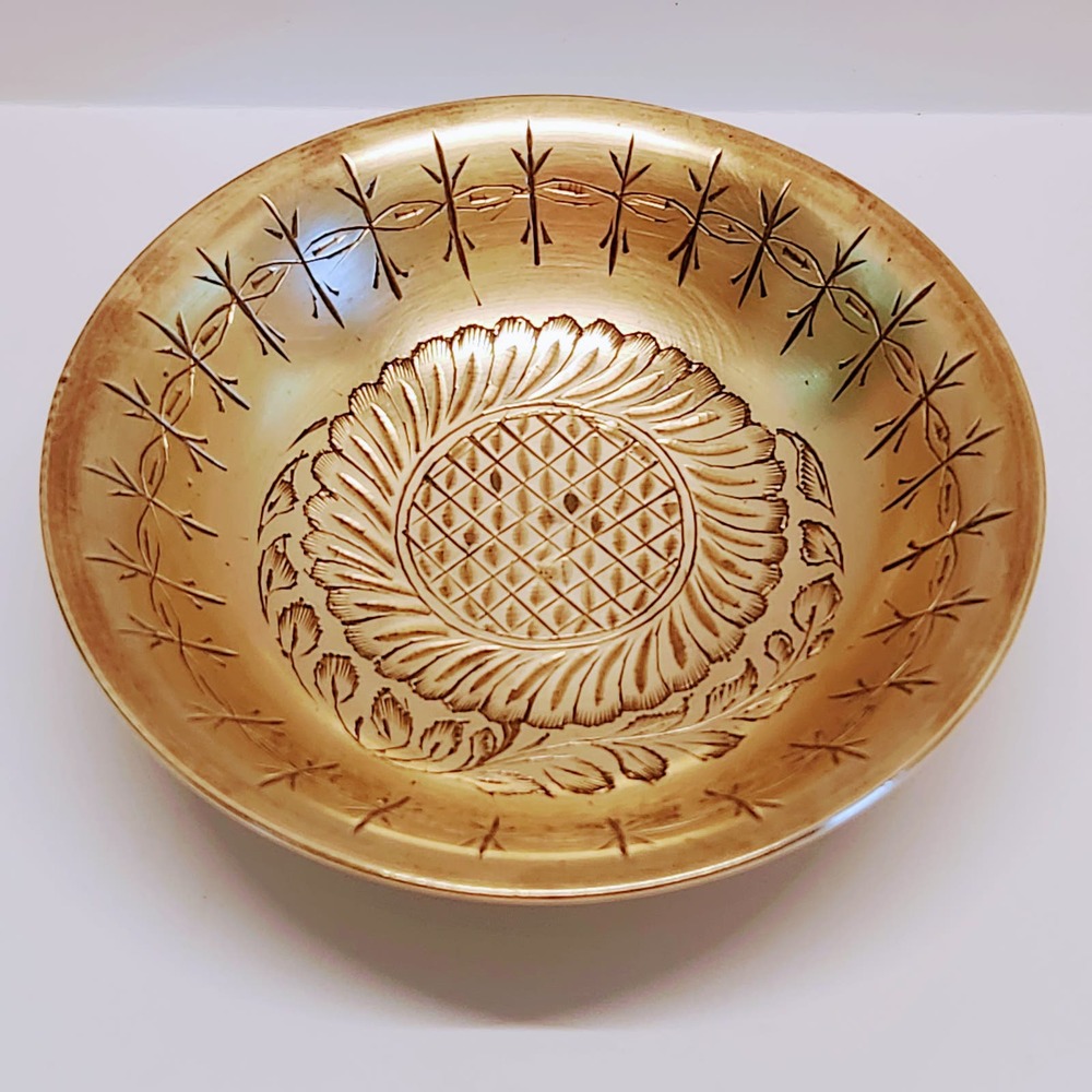 Small Brass Pedestal Bowl Engraved Sunflower India